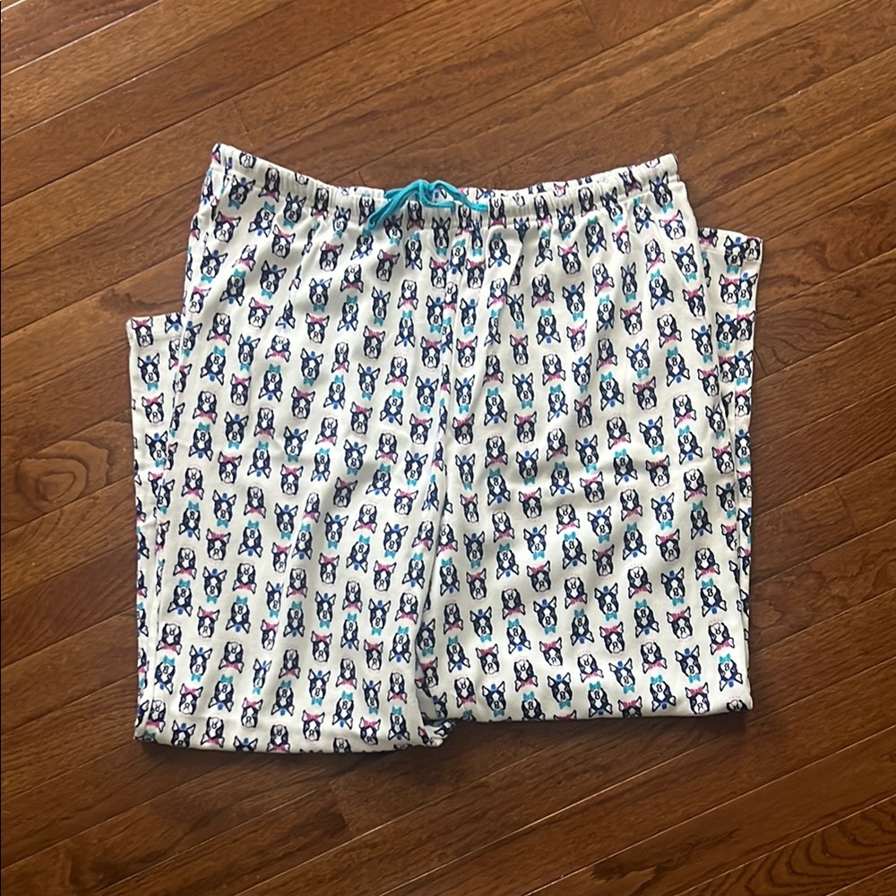 Women’s White Pajama Pants with Blue and Pink Dog Print